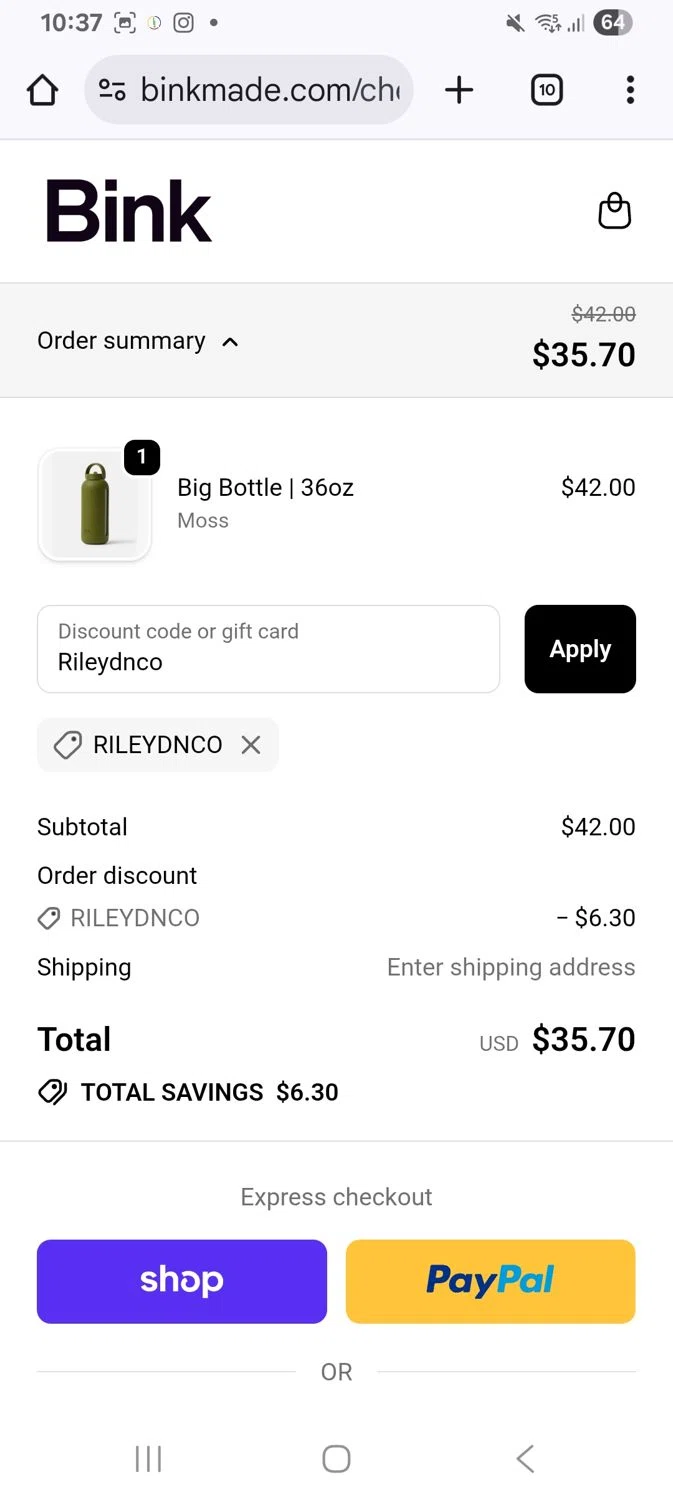 Bink discount code screenshot showing code Rileydnco applied at Bink checkout page. Uploaded by SimplyCodes community member KarinaHZ on Dec 12, 2025