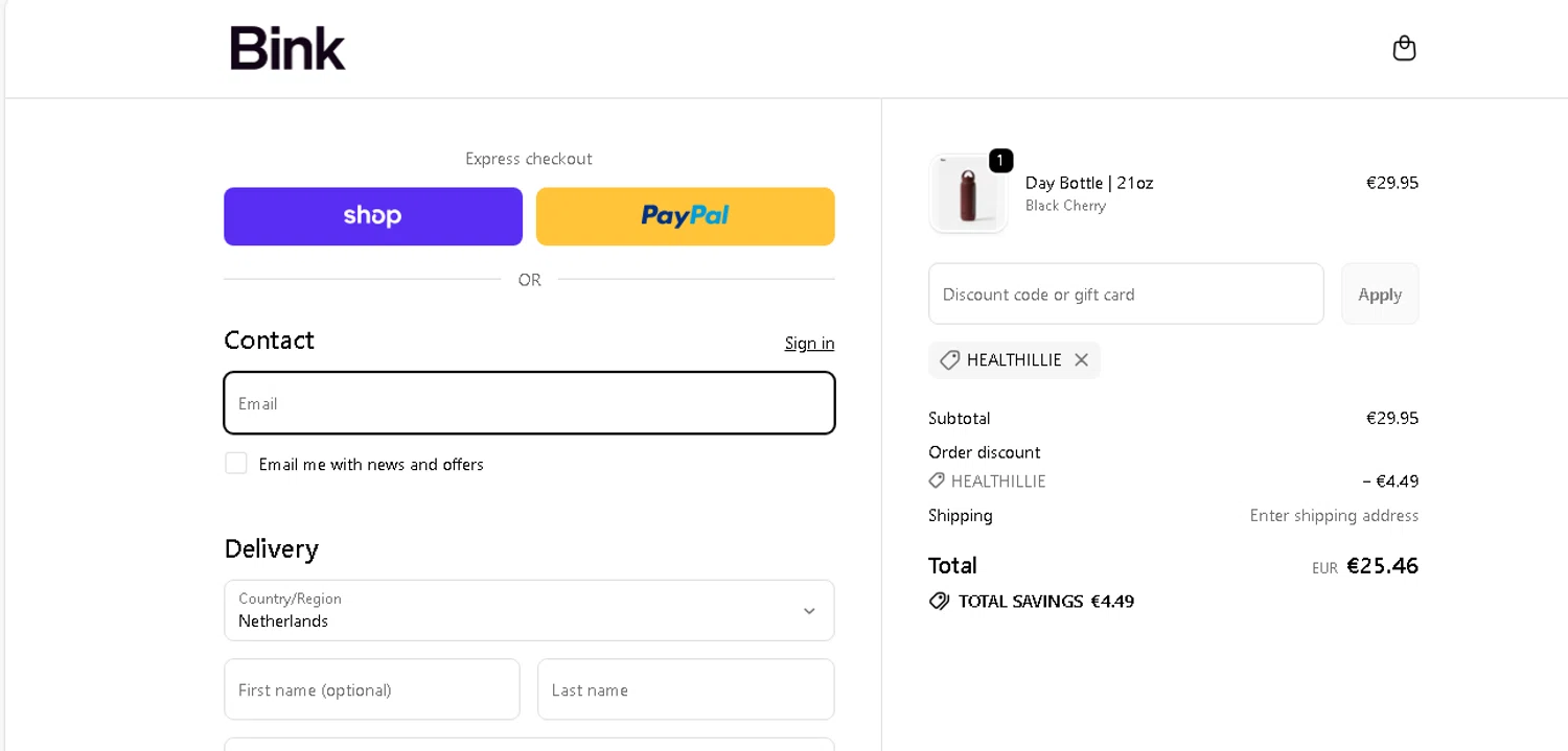 Bink discount code screenshot showing code healthillie applied at Bink checkout page. Uploaded by SimplyCodes community member shark12 on Dec 15, 2025