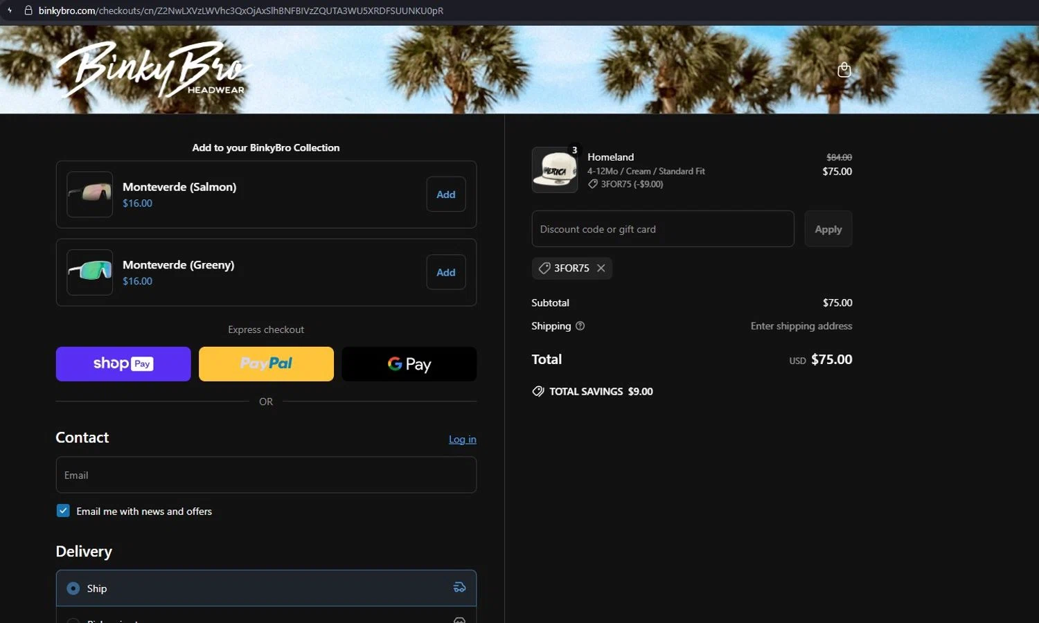 Binky Bro discount code screenshot showing code 3FOR75 applied at Binky Bro checkout page. Uploaded by SimplyCodes community member NobleSaver8091 on Jun 9, 2025