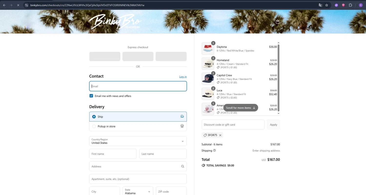 Binky Bro discount code screenshot showing code 3FOR75 applied at Binky Bro checkout page. Uploaded by SimplyCodes community member Ron322 on Jul 10, 2025