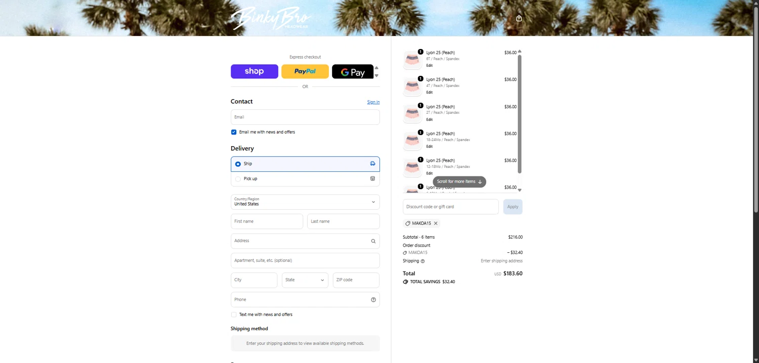 Binky Bro discount code screenshot showing code MAKOA15 applied at Binky Bro checkout page. Uploaded by SimplyCodes community member SwiftHunter5737 on Feb 5, 2026