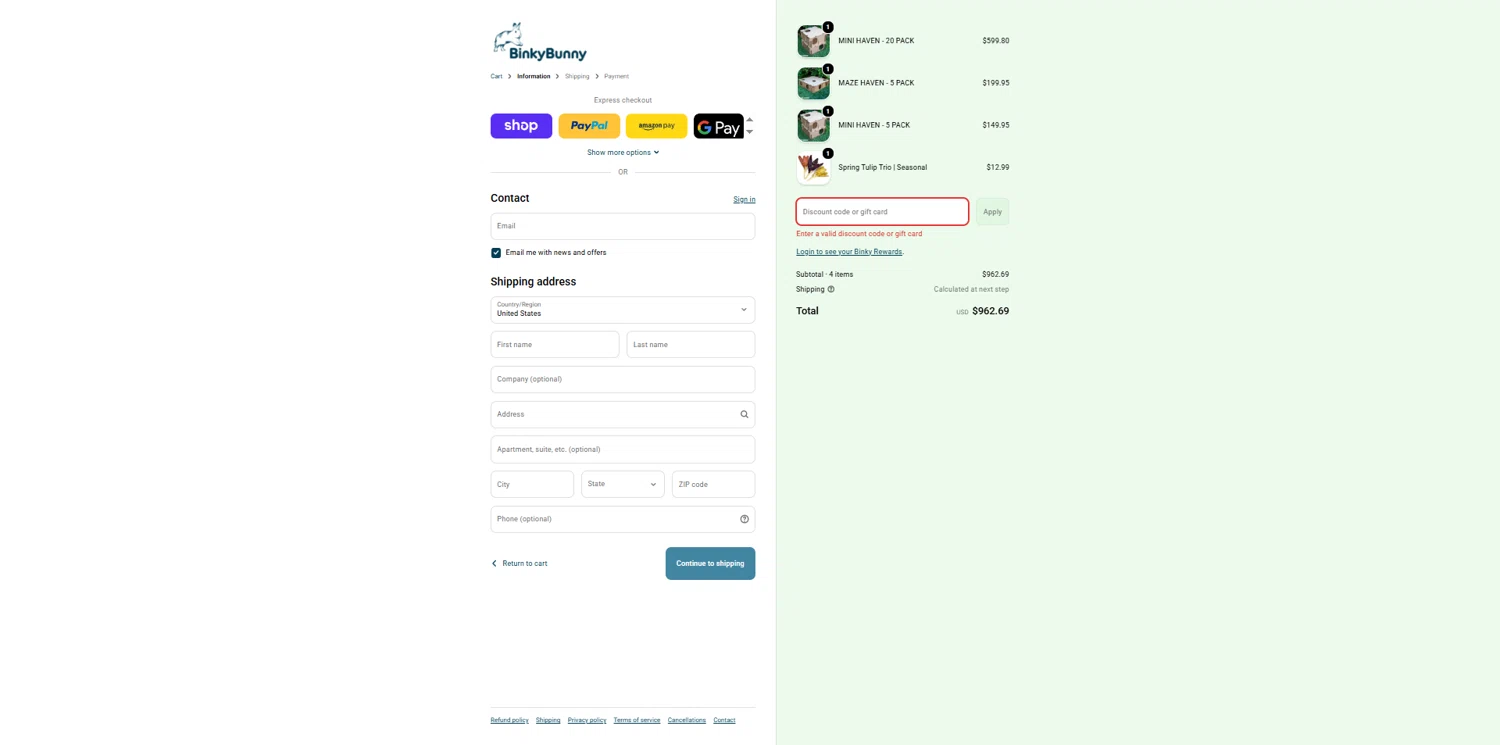 Binkybunny promo code screenshot showing code $2BUCKS applied at Binkybunny checkout page. Uploaded by SimplyCodes community member NobleMaestro6498 on Mar 4, 2026