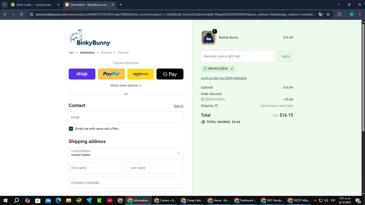 Binkybunny promo code screenshot showing code BBHRS25BOK applied at Binkybunny checkout page. Uploaded by SimplyCodes community member PromoScout874 on Dec 6, 2025