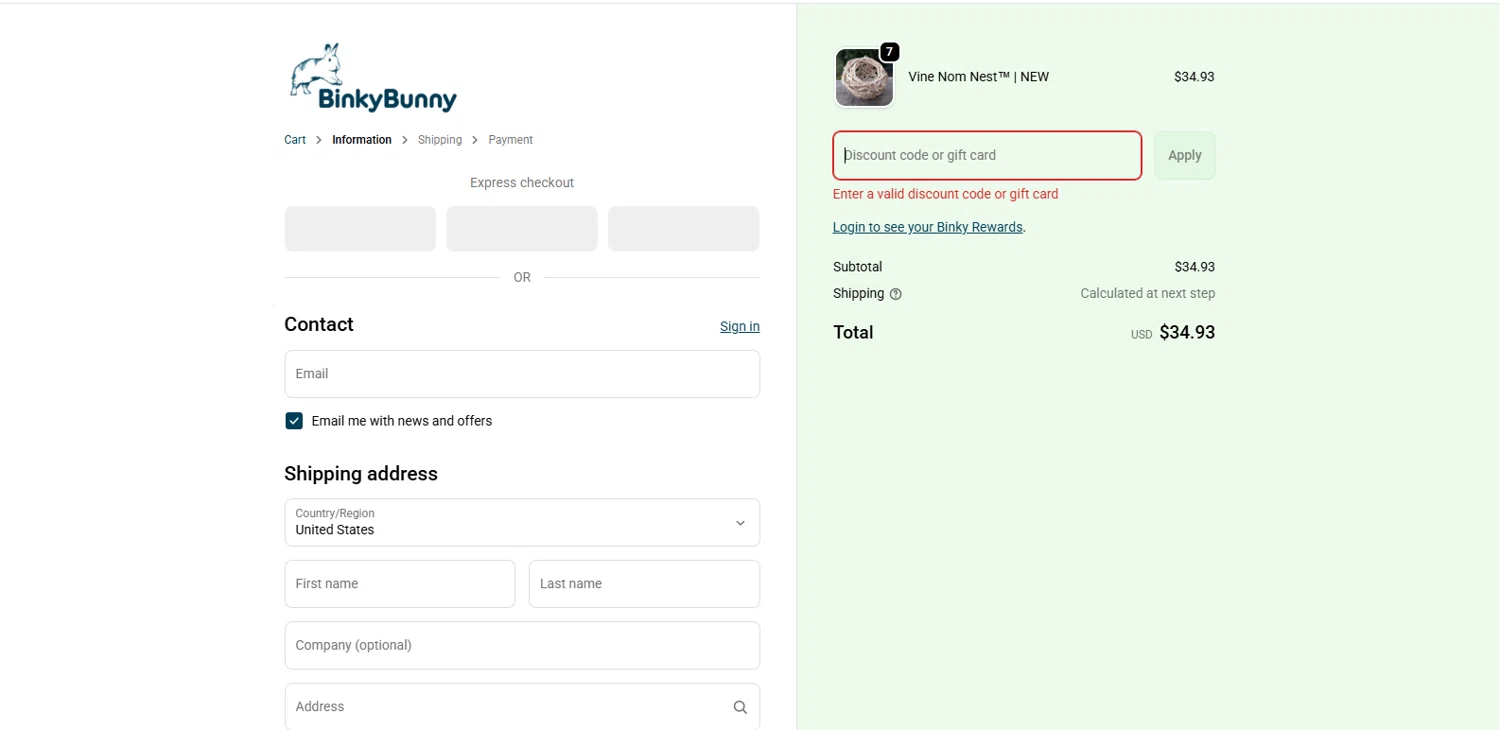 Binkybunny promo code screenshot showing code BBHRS24KTS applied at Binkybunny checkout page. Uploaded by SimplyCodes community member MagnifiHero3476 on Jan 3, 2026