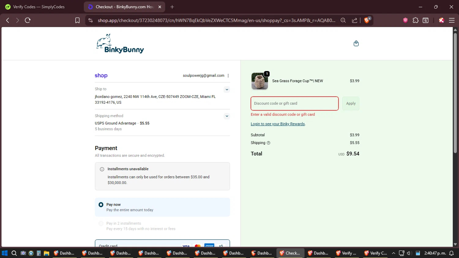 Binkybunny promo code screenshot showing code BBHRS24KTS applied at Binkybunny checkout page. Uploaded by SimplyCodes community member Shizuku on Jan 3, 2026
