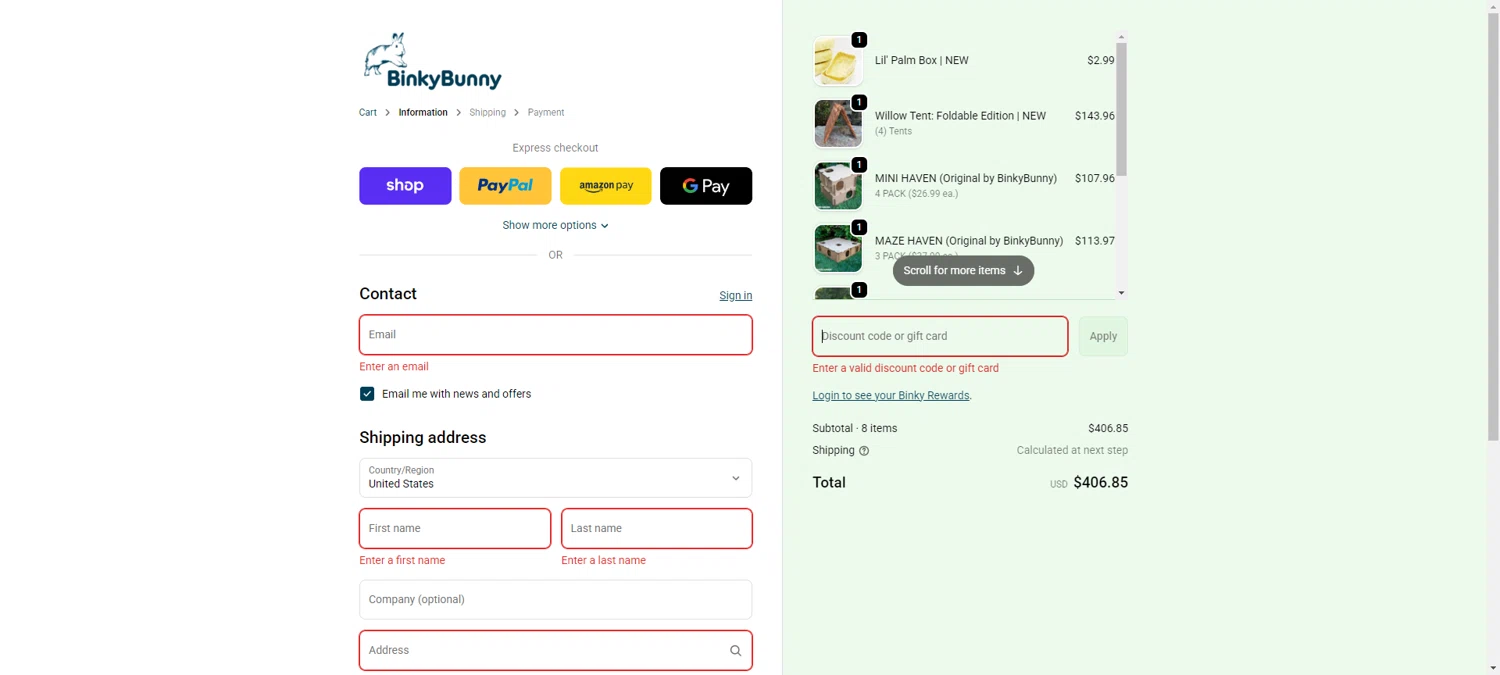 Binkybunny promo code screenshot showing code BBHRS24KTS applied at Binkybunny checkout page. Uploaded by SimplyCodes community member SwiftCurator4059 on Jan 3, 2026