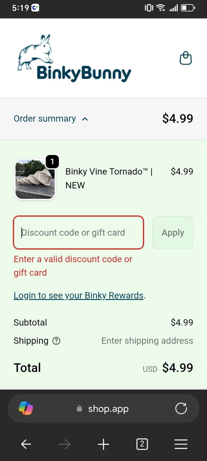 Binkybunny promo code screenshot showing code BBHRS24KTS applied at Binkybunny checkout page. Uploaded by SimplyCodes community member Xx_Cogeburras3000_xX on Jan 3, 2026