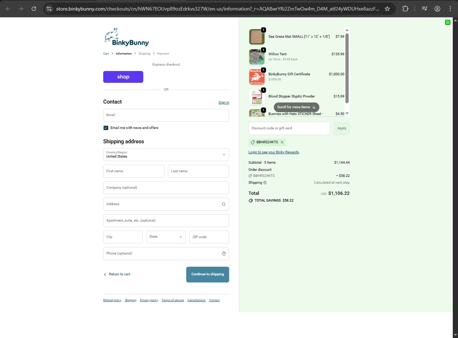 Binkybunny promo code screenshot showing code BBHRS24KTS applied at Binkybunny checkout page. Uploaded by SimplyCodes community member kaiserser on Dec 6, 2025