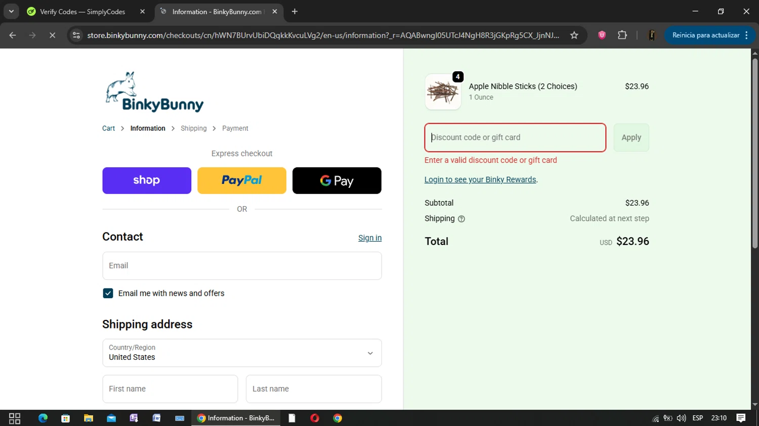 Binkybunny promo code screenshot showing code VACA2025 applied at Binkybunny checkout page. Uploaded by SimplyCodes community member yisusgamer on Jan 3, 2026
