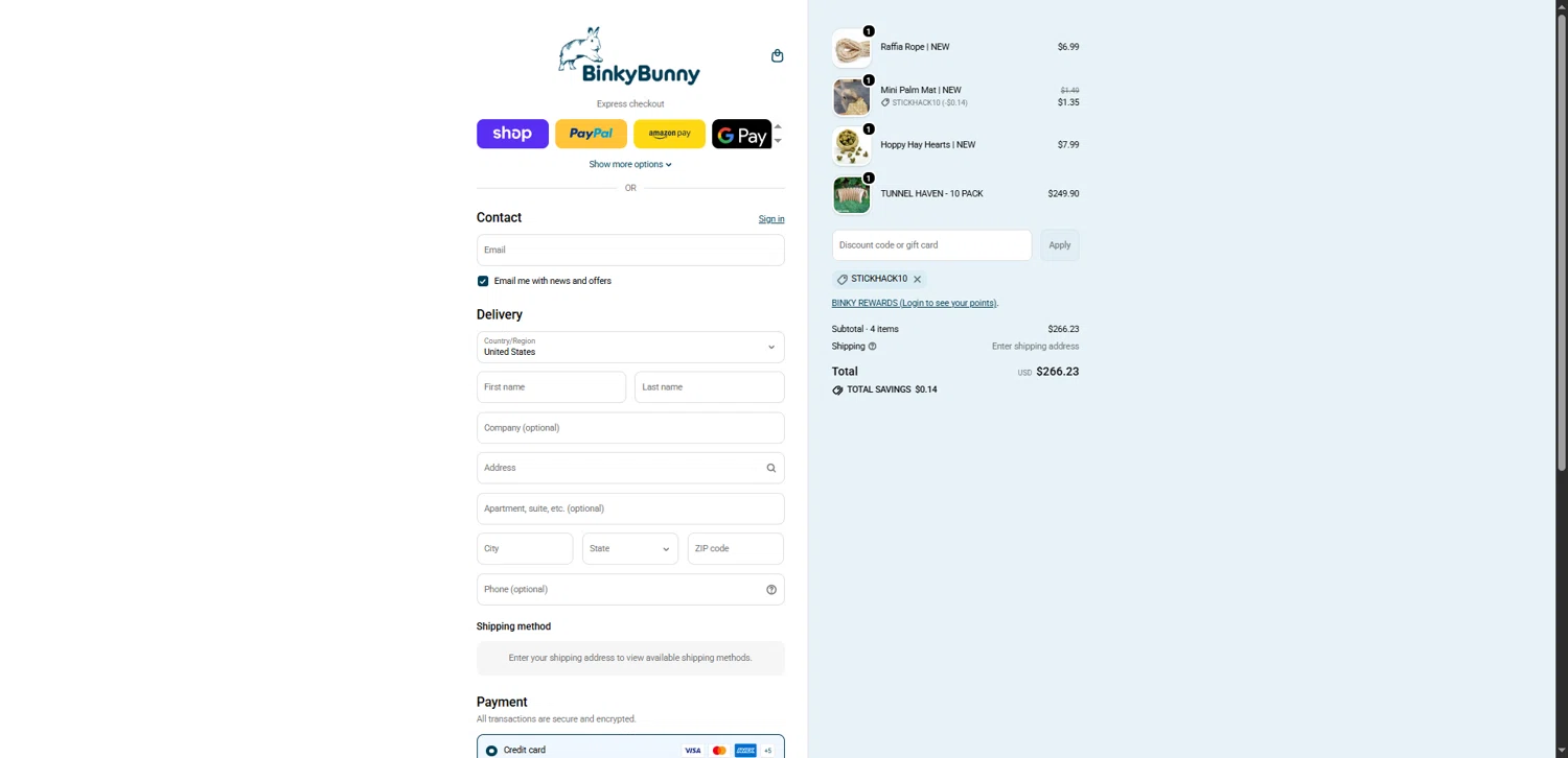 Binkybunny promo code screenshot showing code STICKHACK10 applied at Binkybunny checkout page. Uploaded by SimplyCodes community member TokenNavigator3088 on Mar 19, 2026
