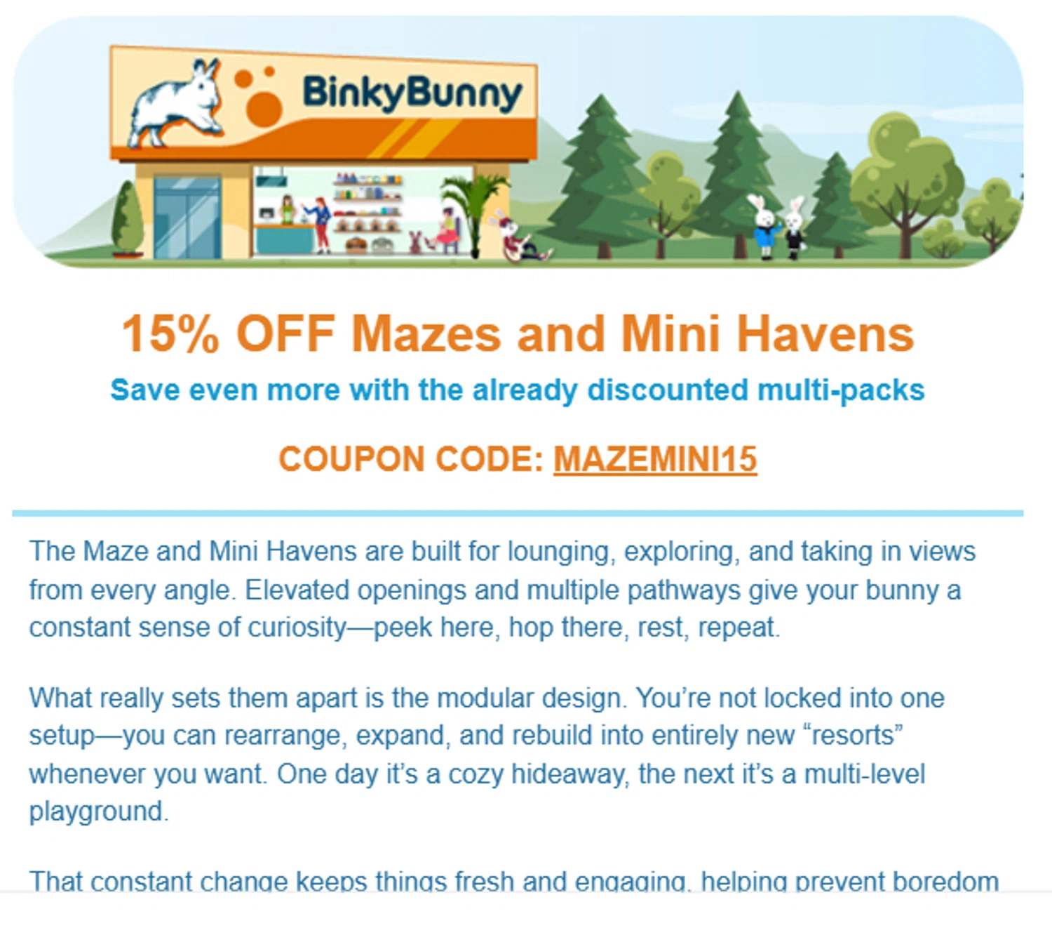 Binkybunny promo code screenshot showing code MAZEMINI15 applied at Binkybunny checkout page. Uploaded by SimplyCodes community member valeriaantonieta on Apr 21, 2026
