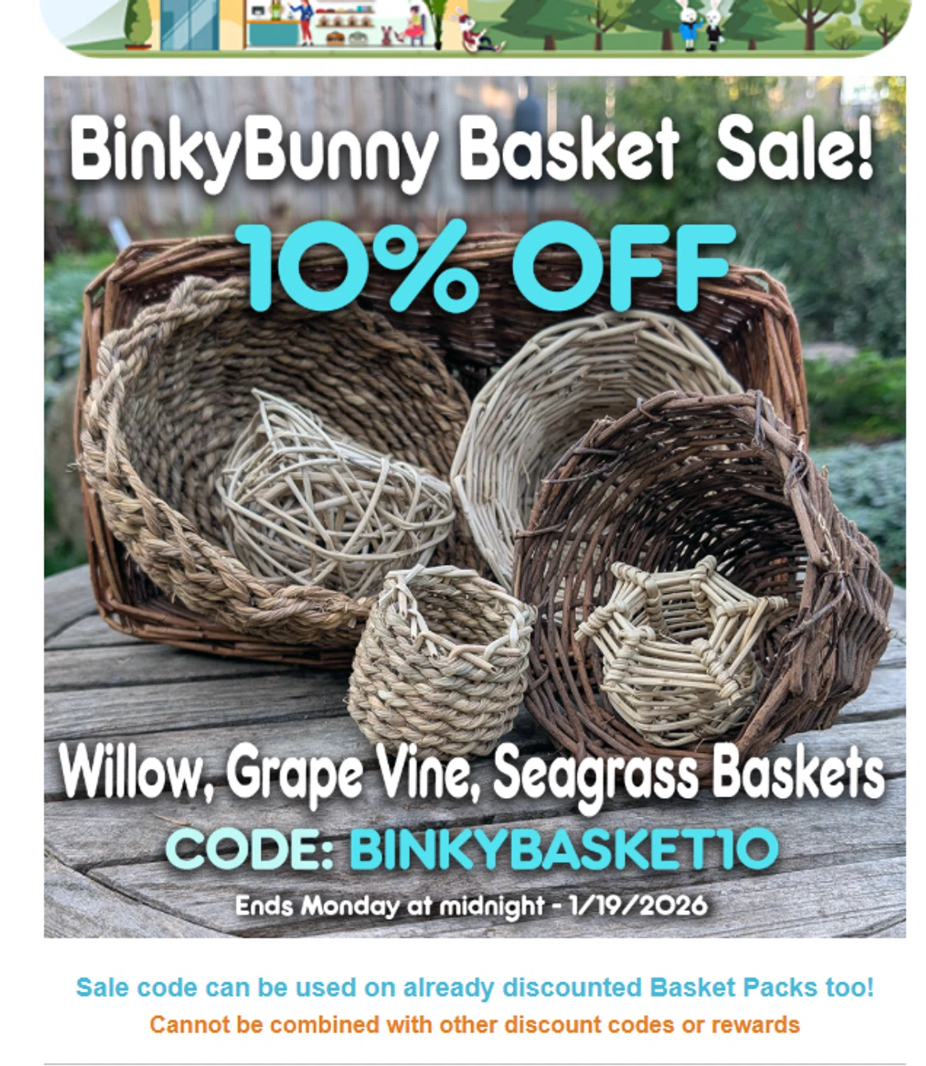 Binkybunny promo code screenshot showing code BINKYBASKET10 applied at Binkybunny checkout page. Uploaded by SimplyCodes community member valeriaantonieta on Jan 13, 2026