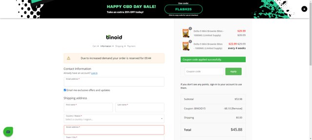 Binoid checkout page showing Binoid discount code box | Screenshot taken by SimplyCodes community member on Aug 8, 2025