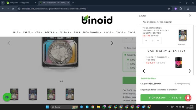 Binoid checkout page showing Binoid discount code box | Screenshot taken by SimplyCodes community member on Aug 20, 2025