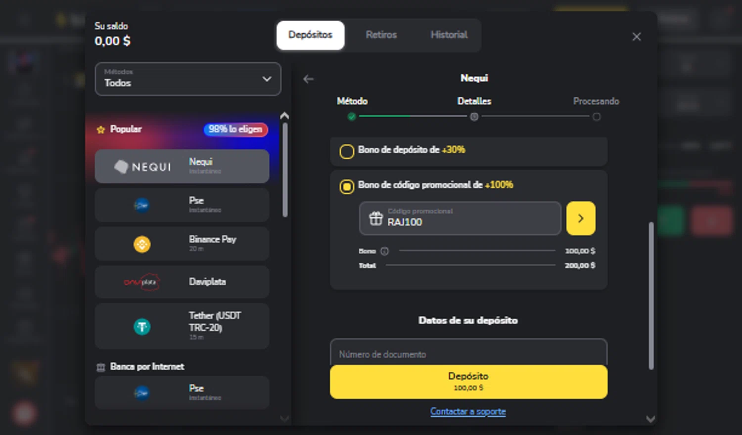 Binomo promo code screenshot showing code RAJ100 applied at Binomo checkout page. Uploaded by SimplyCodes community member TraxoGamer on Oct 5, 2025