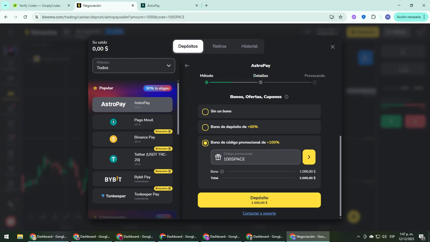 Binomo promo code screenshot showing code 100SPACE applied at Binomo checkout page. Uploaded by SimplyCodes community member QuestDefender2661 on Dec 12, 2025