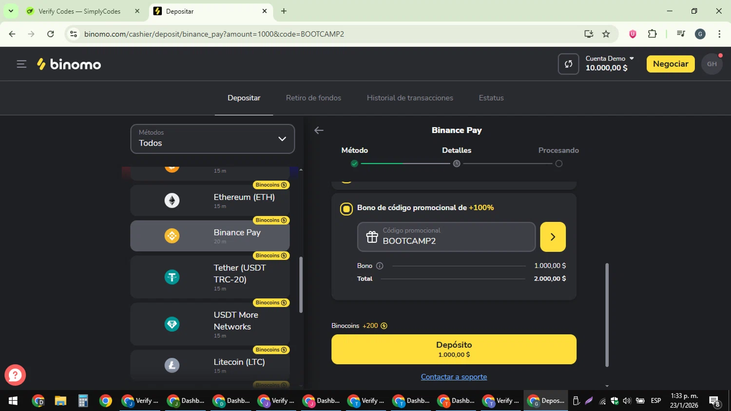 Binomo checkout page showing Binomo promo code box | Screenshot taken by SimplyCodes community member on Jan 23, 2026