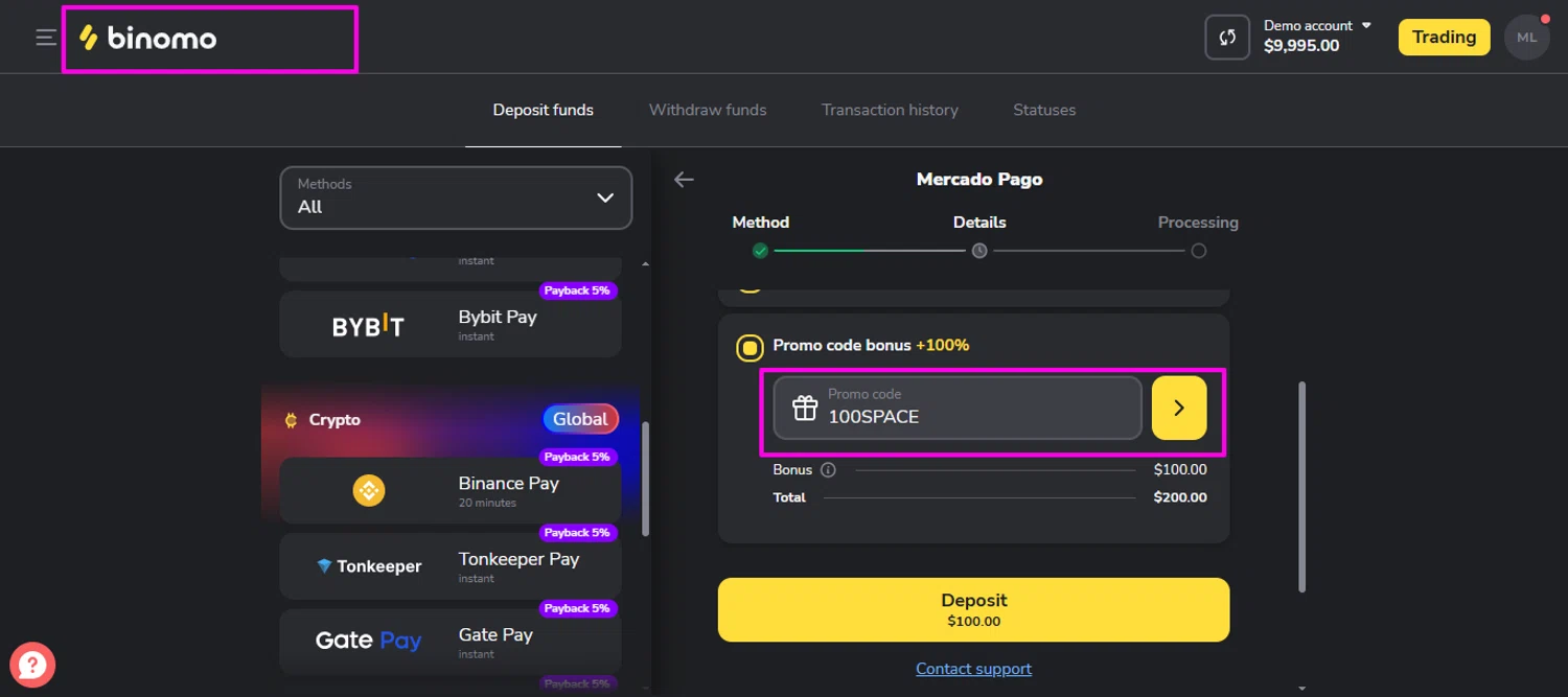 Binomo promo code screenshot showing code 100SPACE applied at Binomo checkout page. Uploaded by SimplyCodes community member mrdarcy on Dec 12, 2025