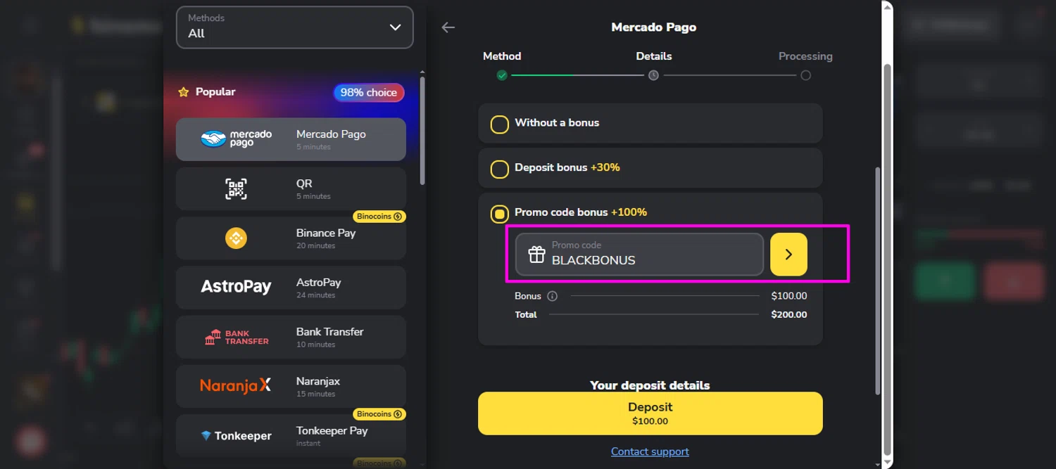 Binomo promo code screenshot showing code BLACKBONUS applied at Binomo checkout page. Uploaded by SimplyCodes community member mrdarcy on Nov 17, 2025