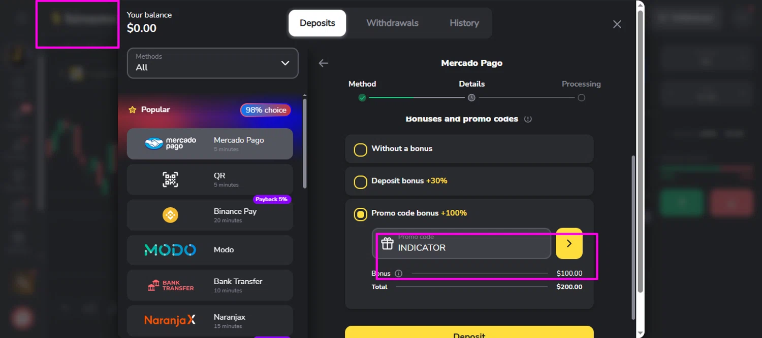 Binomo promo code screenshot showing code INDICATOR applied at Binomo checkout page. Uploaded by SimplyCodes community member mrdarcy on Jan 9, 2026