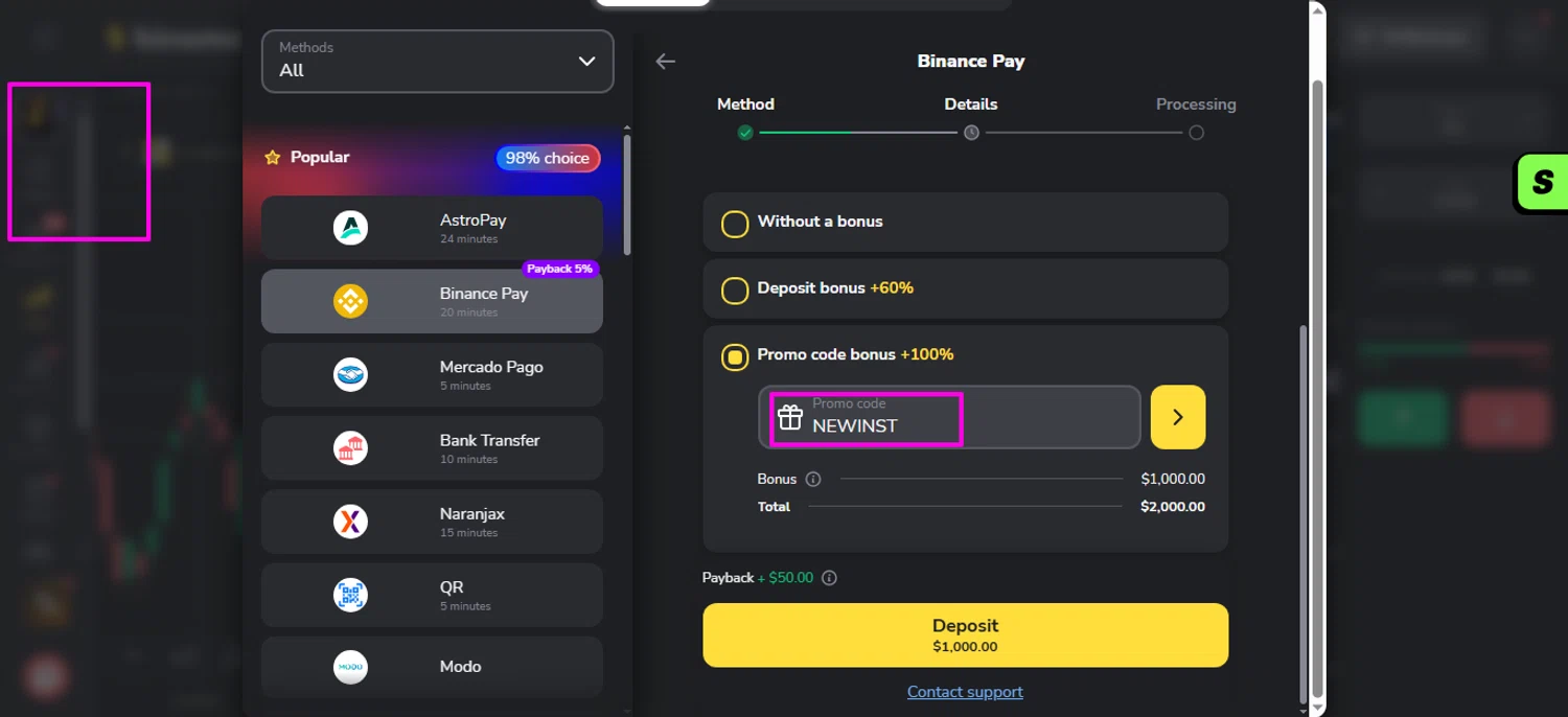 Binomo promo code screenshot showing code NEWINST applied at Binomo checkout page. Uploaded by SimplyCodes community member mrdarcy on Feb 25, 2026