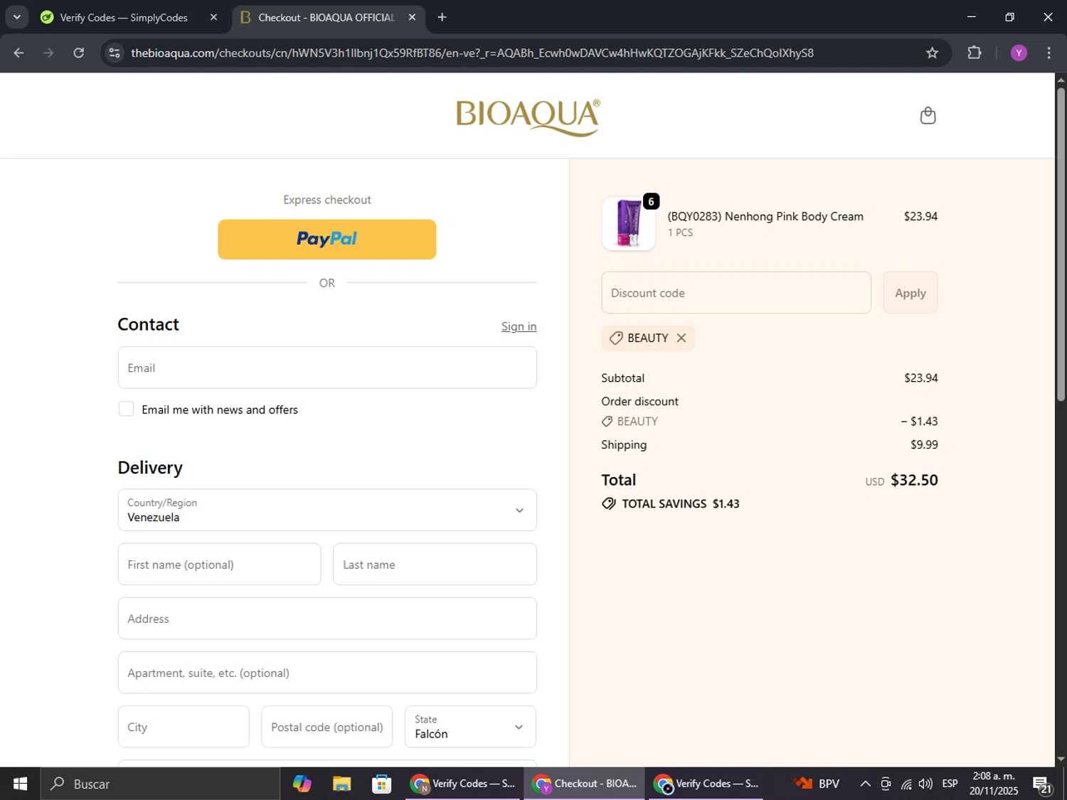 Bioaqua discount code screenshot showing code BEAUTY applied at Bioaqua checkout page. Uploaded by SimplyCodes community member ExtraordinaryHunter3076 on Nov 20, 2025