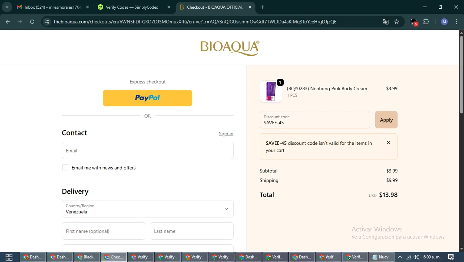 Bioaqua discount code screenshot showing code SAVEE-45 applied at Bioaqua checkout page. Uploaded by SimplyCodes community member PrimeFox5260 on Nov 25, 2025