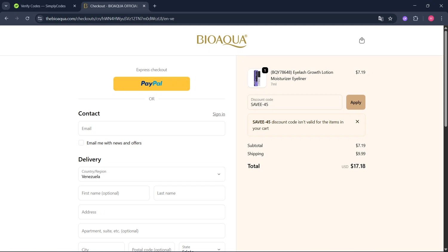 Bioaqua discount code screenshot showing code SAVEE-45 applied at Bioaqua checkout page. Uploaded by SimplyCodes community member ValueCollector4159 on Oct 19, 2025