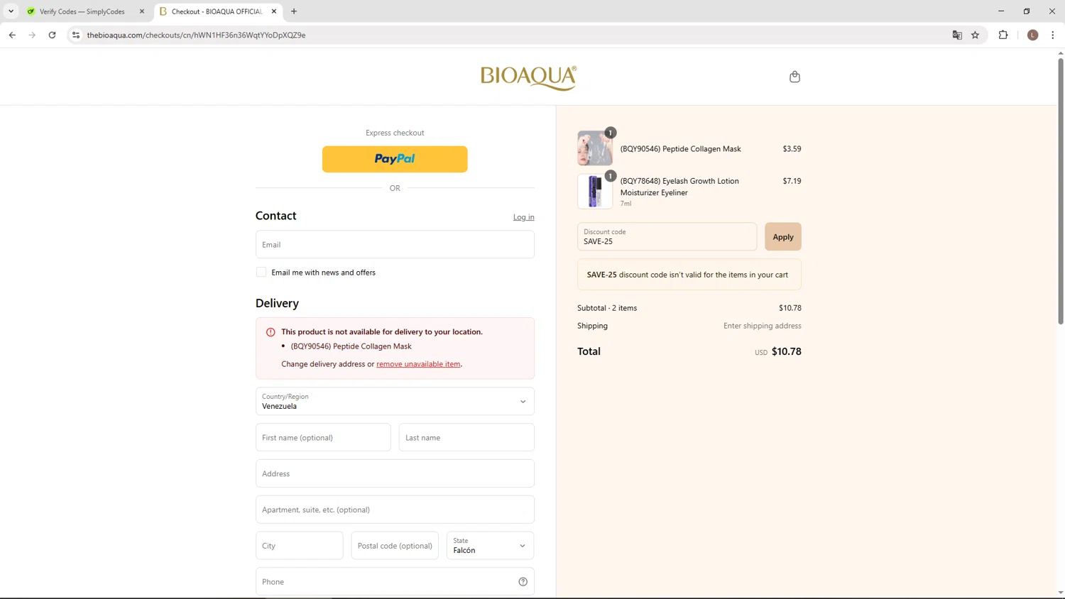 Bioaqua discount code screenshot showing code SAVE-25 applied at Bioaqua checkout page. Uploaded by SimplyCodes community member BENELLI on Aug 1, 2025