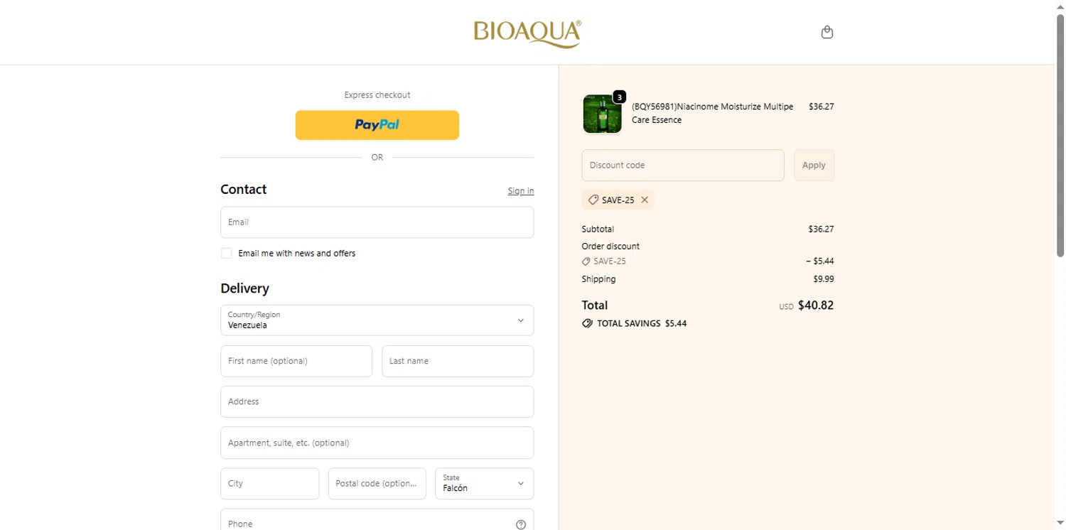 Bioaqua discount code screenshot showing code SAVE-25 applied at Bioaqua checkout page. Uploaded by SimplyCodes community member the_loose_cannon on Oct 7, 2025