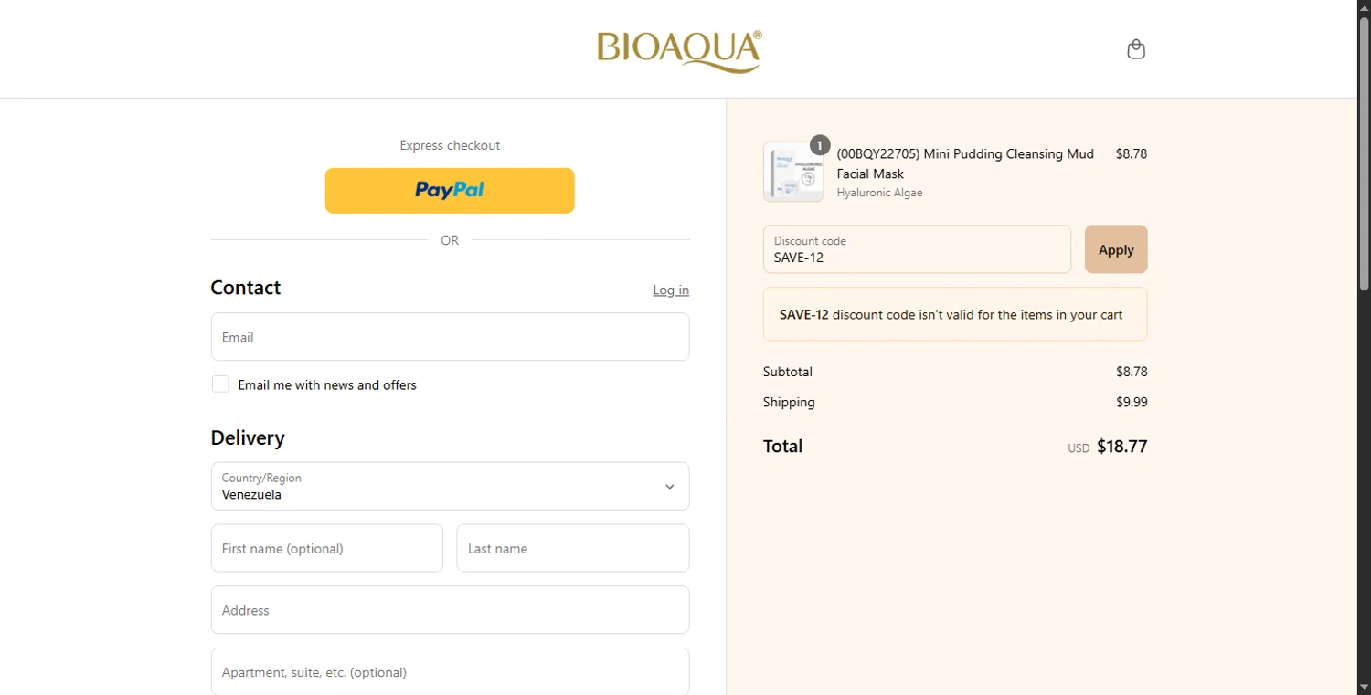 Bioaqua discount code screenshot showing code SAVE-12 applied at Bioaqua checkout page. Uploaded by SimplyCodes community member GiornoGiovanna on Aug 27, 2025