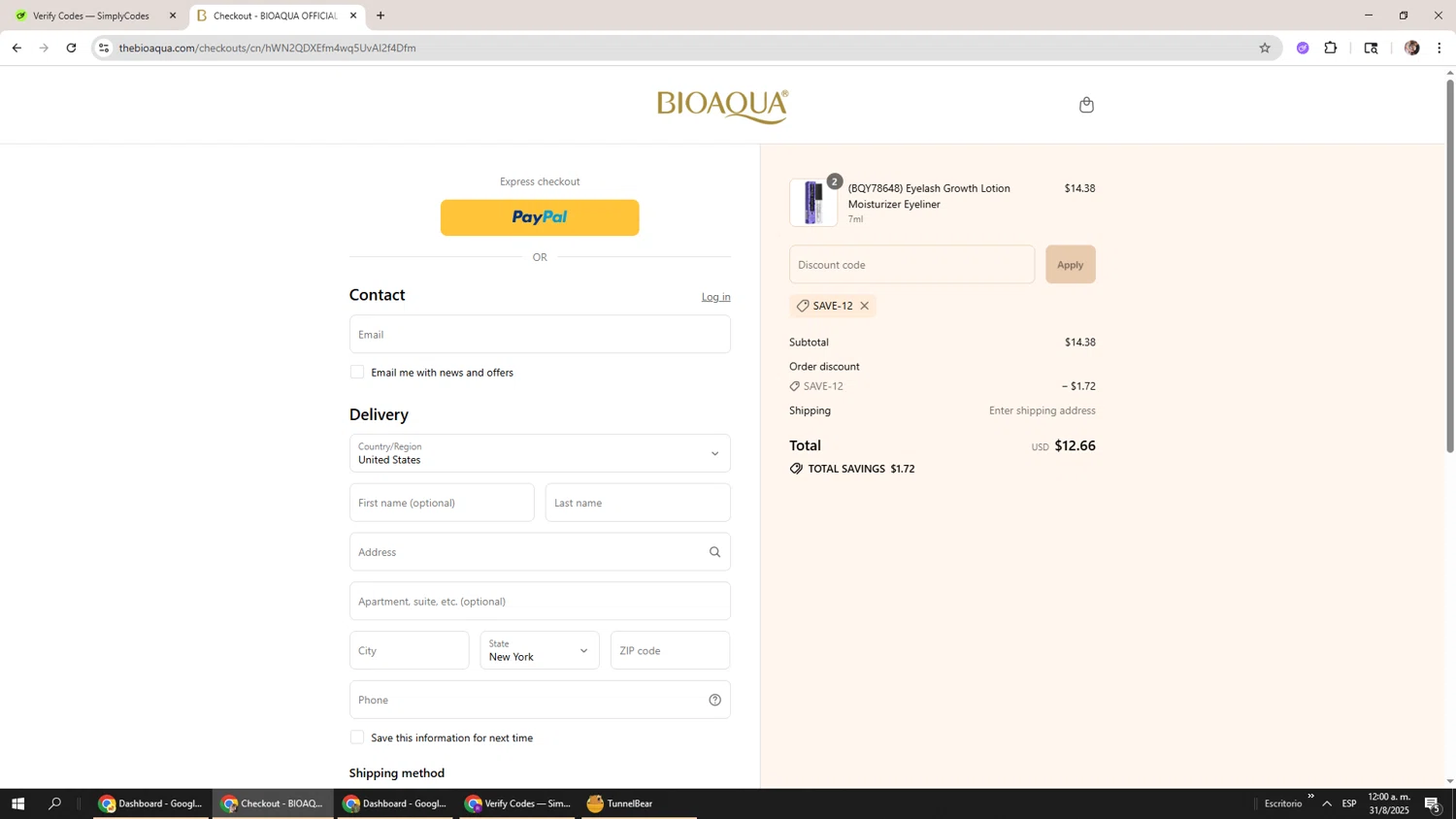 Bioaqua discount code screenshot showing code SAVE-12 applied at Bioaqua checkout page. Uploaded by SimplyCodes community member Levi_Ackerman on Aug 31, 2025