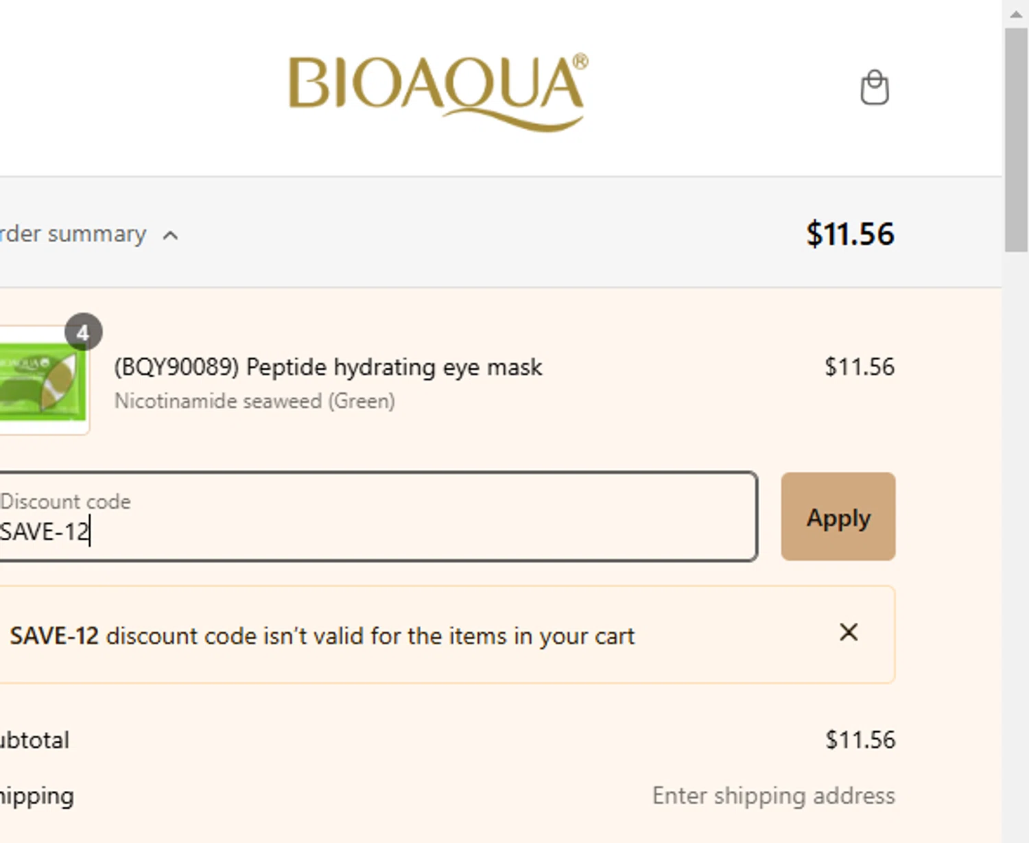 Bioaqua discount code screenshot showing code SAVE-12 applied at Bioaqua checkout page. Uploaded by SimplyCodes community member CouponAce3224 on Jan 29, 2025