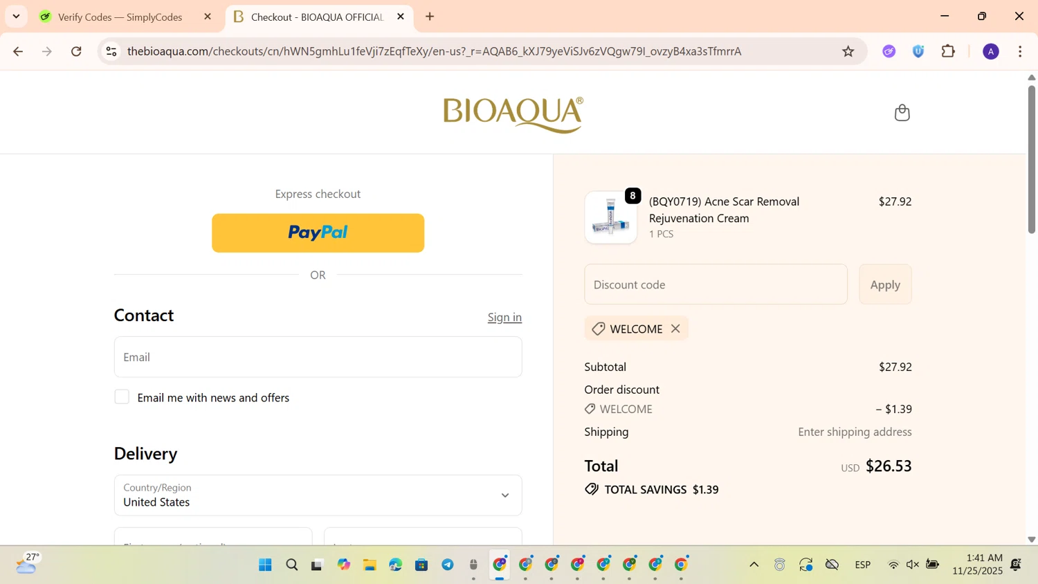 Bioaqua discount code screenshot showing code WELCOME applied at Bioaqua checkout page. Uploaded by SimplyCodes community member BonusWhiz1524 on Nov 25, 2025