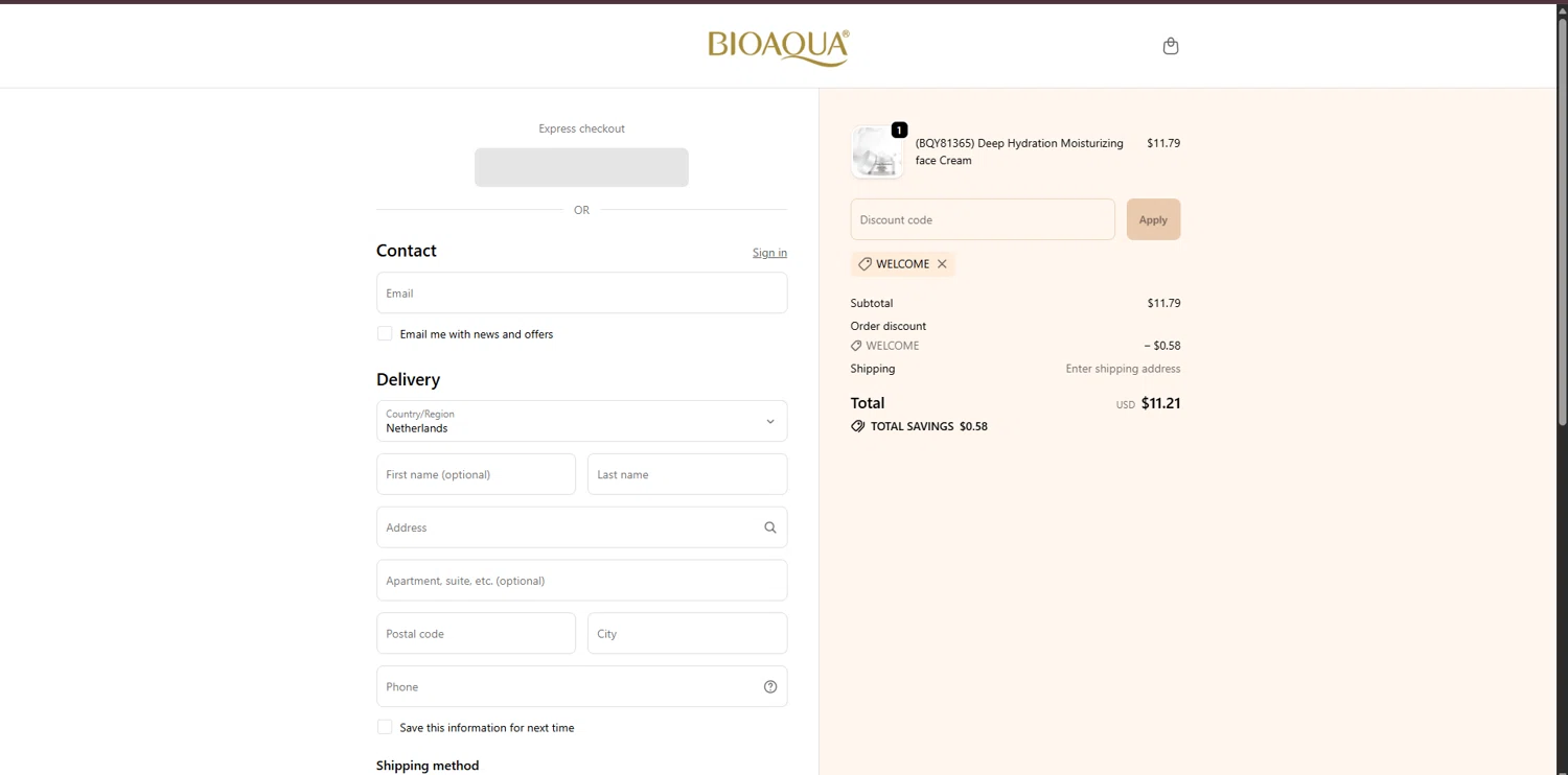Bioaqua discount code screenshot showing code WELCOME applied at Bioaqua checkout page. Uploaded by SimplyCodes community member FortunateSeeker4672 on Oct 19, 2025