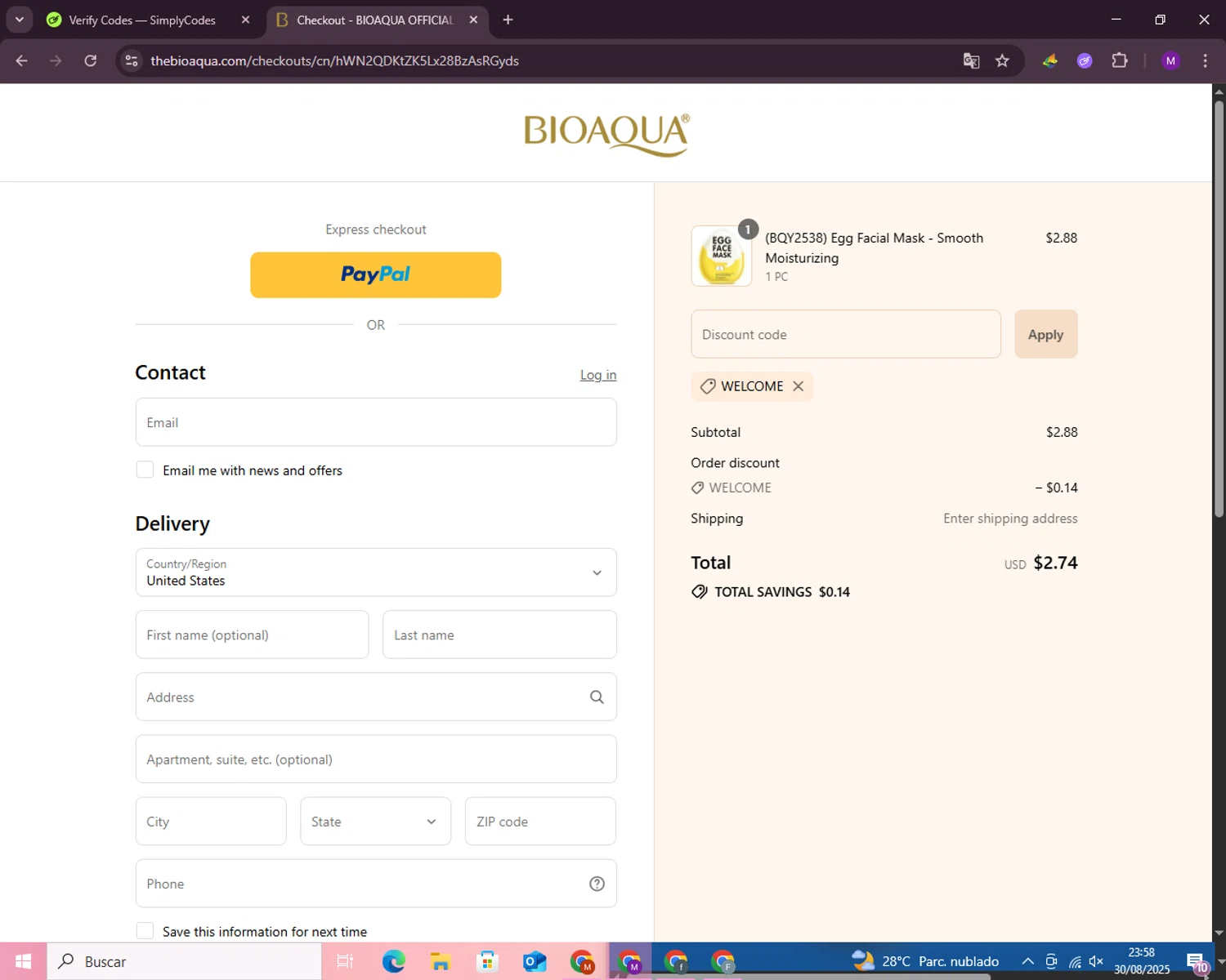 Bioaqua discount code screenshot showing code WELCOME applied at Bioaqua checkout page. Uploaded by SimplyCodes community member malumabby on Aug 31, 2025