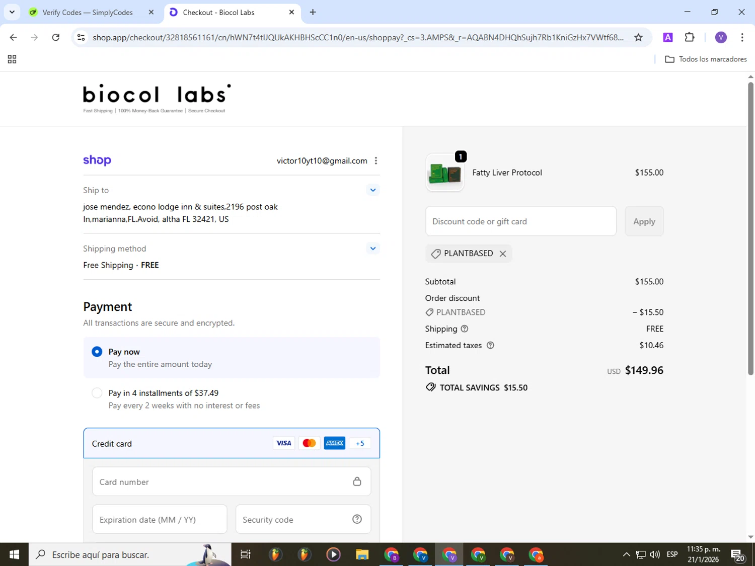 Biocol Labs discount code screenshot showing code PLANTBASED applied at Biocol Labs checkout page. Uploaded by SimplyCodes community member Gianpiero on Jan 22, 2026
