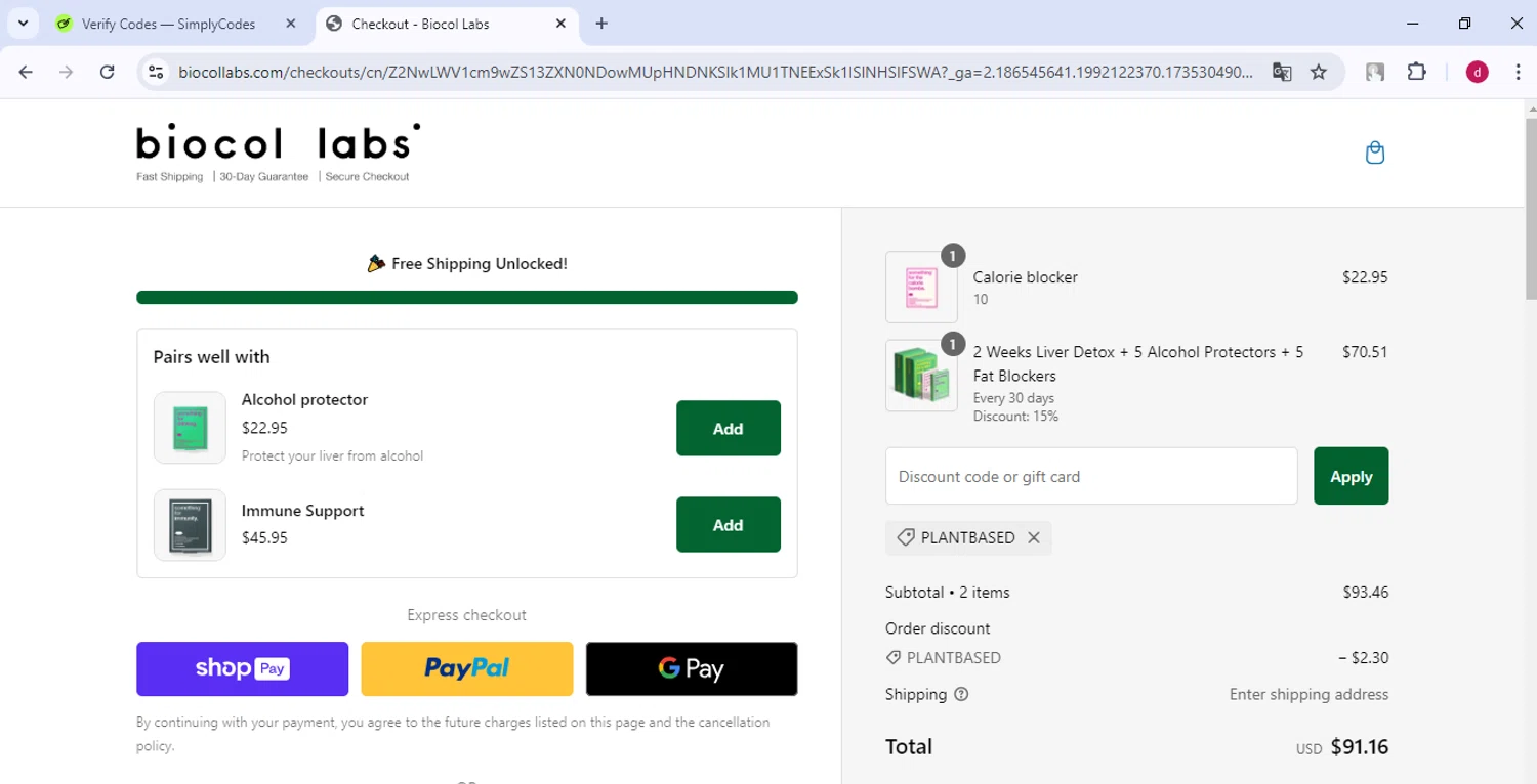 Biocol Labs discount code screenshot showing code PLANTBASED applied at Biocol Labs checkout page. Uploaded by SimplyCodes community member CleverNavigator9655 on Dec 27, 2024