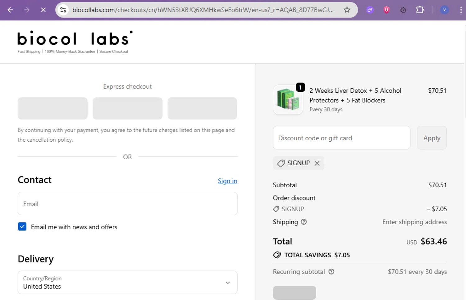 Biocol Labs discount code screenshot showing code SIGNUP applied at Biocol Labs checkout page. Uploaded by SimplyCodes community member beatrizcastillo on Nov 8, 2025