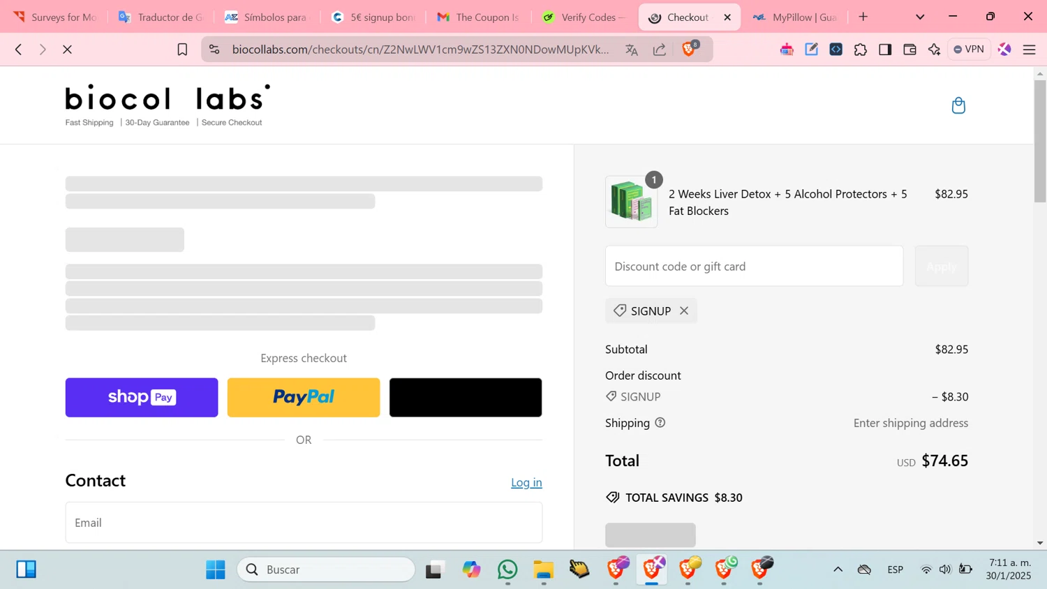 Biocol Labs discount code screenshot showing code SIGNUP applied at Biocol Labs checkout page. Uploaded by SimplyCodes community member cosita on Jan 30, 2025