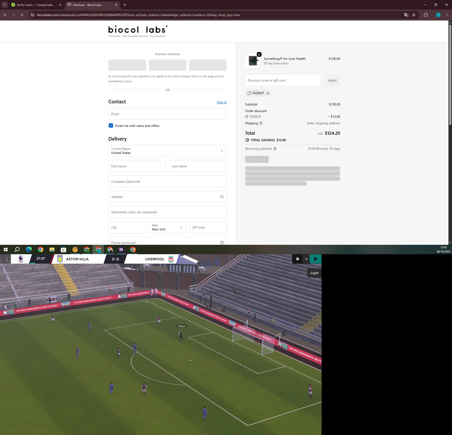 Biocol Labs discount code screenshot showing code SIGNUP applied at Biocol Labs checkout page. Uploaded by SimplyCodes community member juanjo2 on Oct 6, 2025