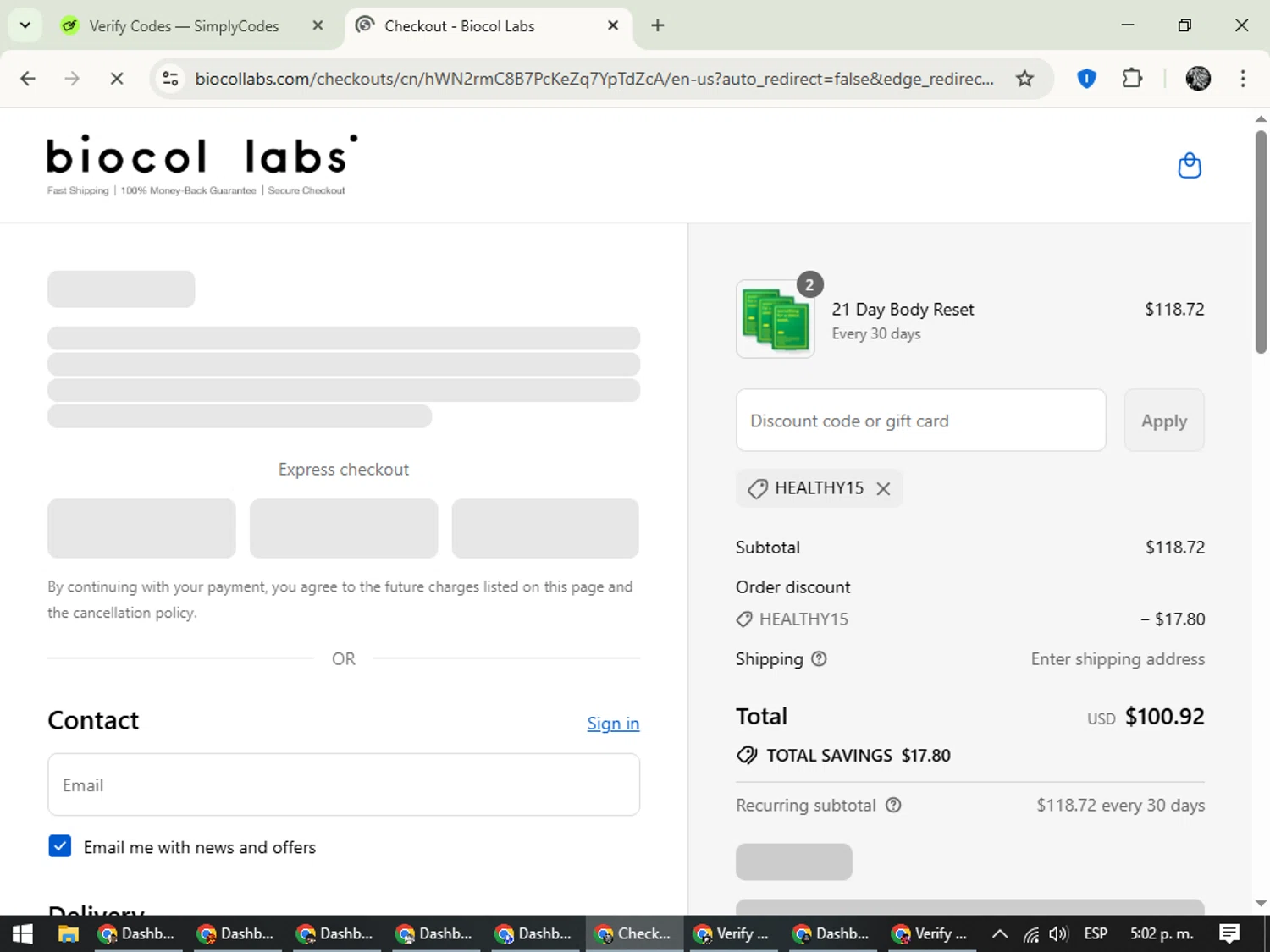 Biocol Labs discount code screenshot showing code HEALTHY15 applied at Biocol Labs checkout page. Uploaded by SimplyCodes community member PrimeKnight6101 on Sep 11, 2025