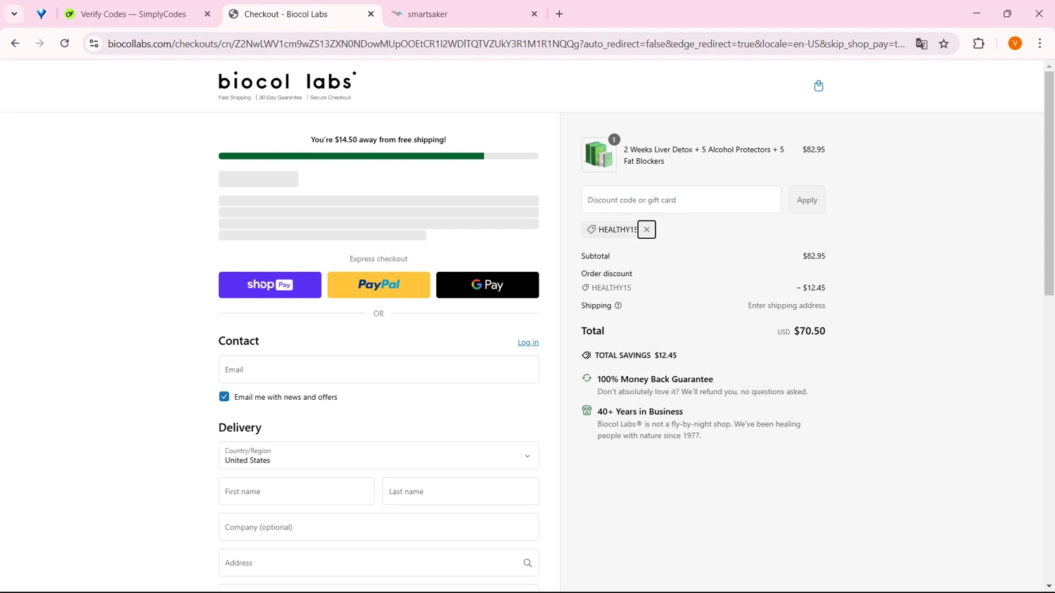 Biocol Labs discount code screenshot showing code HEALTHY15 applied at Biocol Labs checkout page. Uploaded by SimplyCodes community member FortunateFinder9465 on Mar 1, 2025