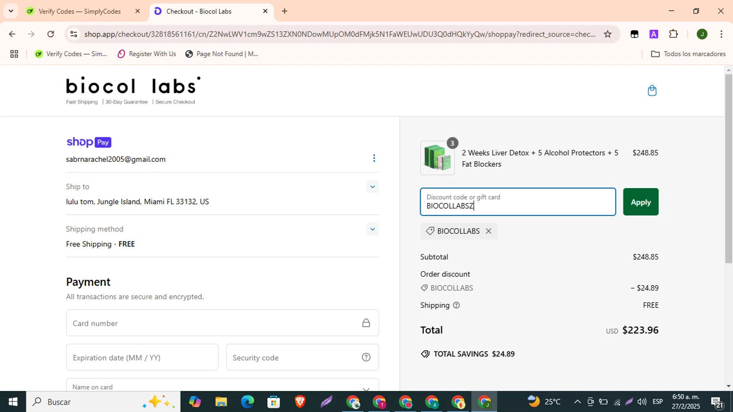 Biocol Labs discount code screenshot showing code BIOCOLLABS applied at Biocol Labs checkout page. Uploaded by SimplyCodes community member CleverBoss9743 on Feb 27, 2025
