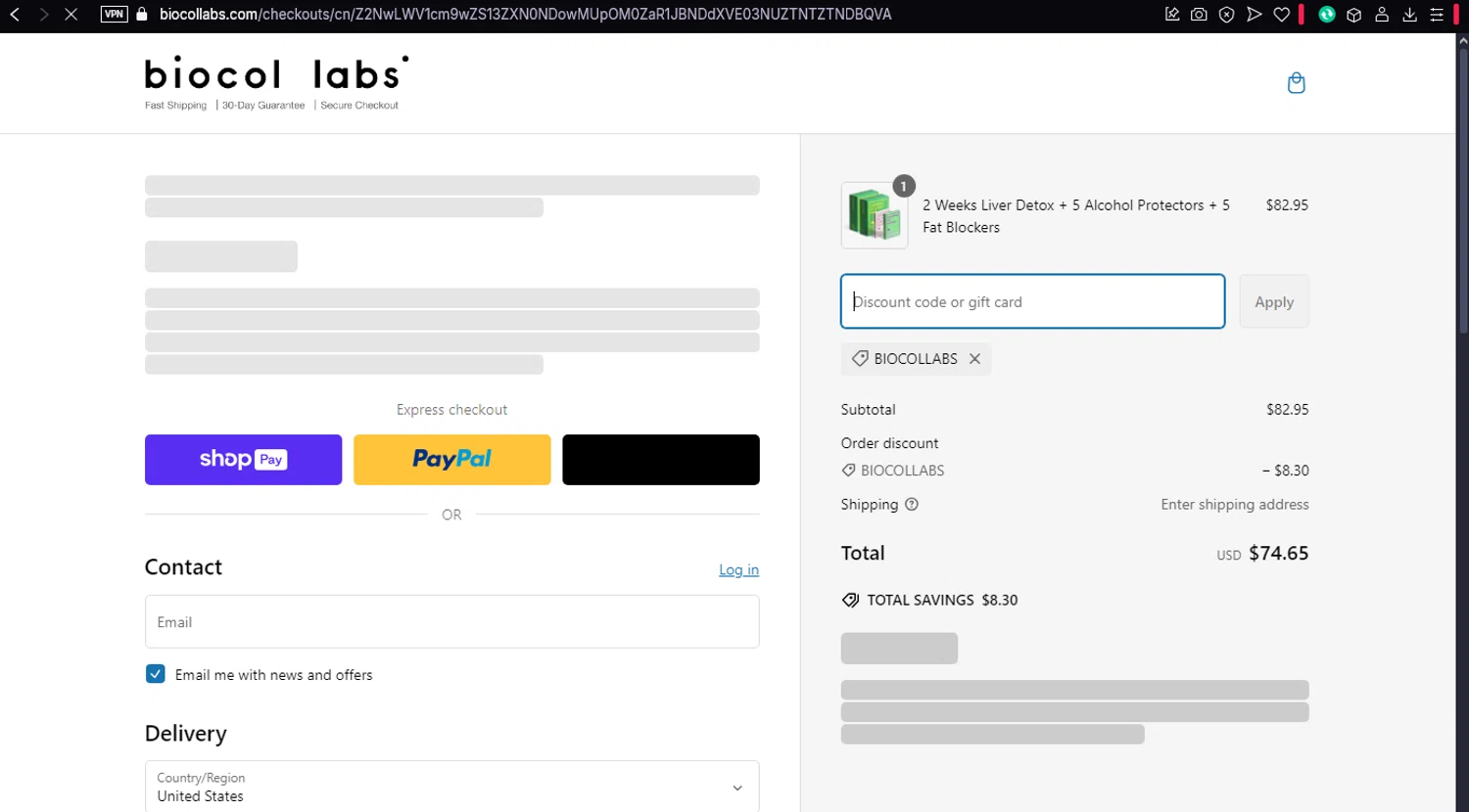 Biocol Labs discount code screenshot showing code BIOCOLLABS applied at Biocol Labs checkout page. Uploaded by SimplyCodes community member ronaldacunajr13 on Feb 27, 2025