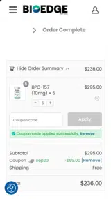 Bio Edge Peptides coupon verification screenshot