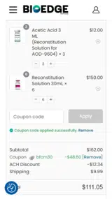 Bio Edge Peptides coupon verification screenshot