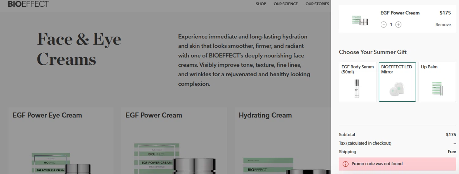 BIOEFFECT promo code screenshot showing code WELCOME15 applied at BIOEFFECT checkout page. Uploaded by SimplyCodes community member GloriousCollector9521 on Jun 30, 2025