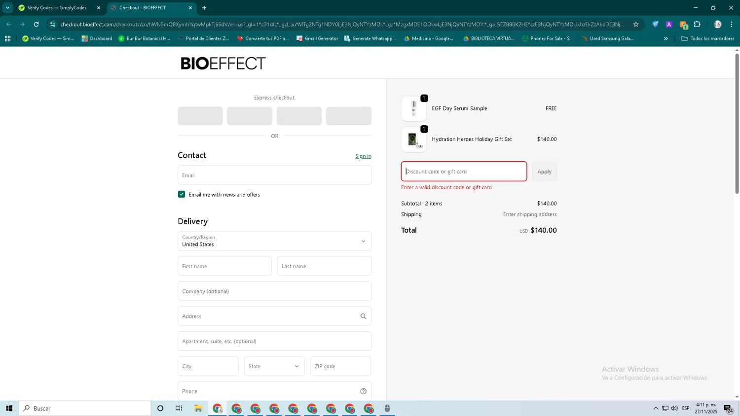 BIOEFFECT promo code screenshot showing code bf20 applied at BIOEFFECT checkout page. Uploaded by SimplyCodes community member John_Johnson on Nov 27, 2025