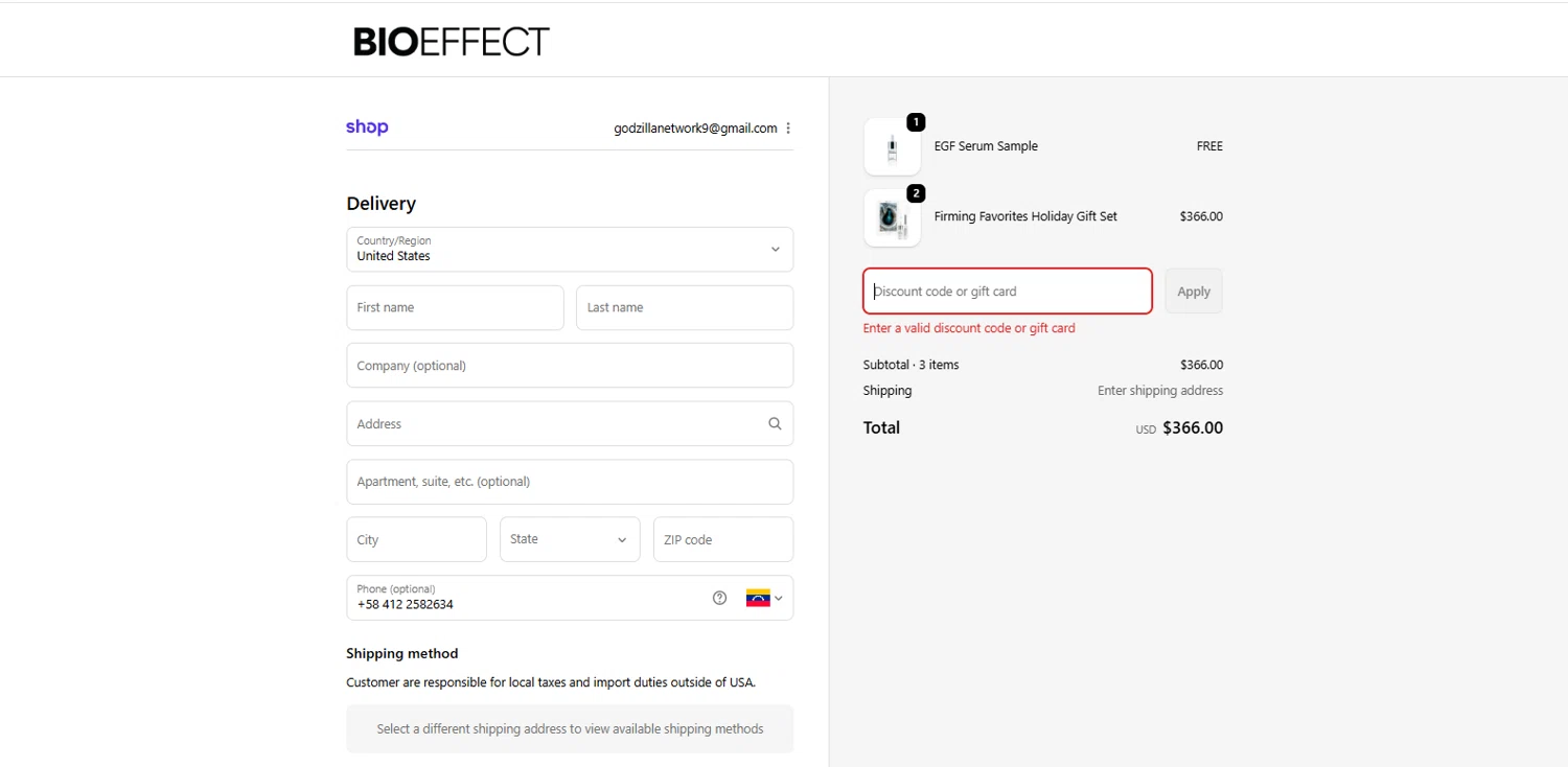 BIOEFFECT promo code screenshot showing code bf20 applied at BIOEFFECT checkout page. Uploaded by SimplyCodes community member dimitriv on Nov 27, 2025